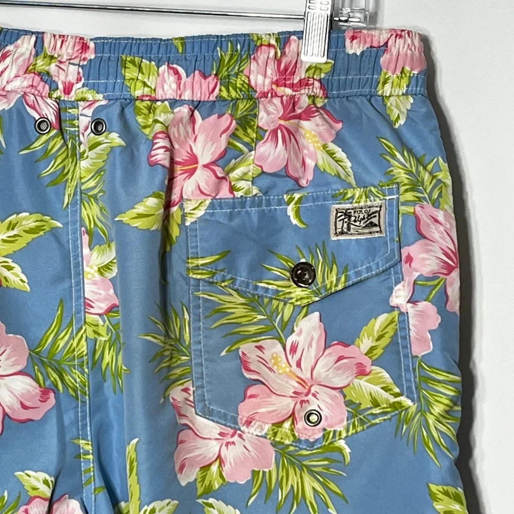 Polo Ralph Lauren‎ Mens Blue Hibiscus Floral Tropical Swim Trunks Board Shorts